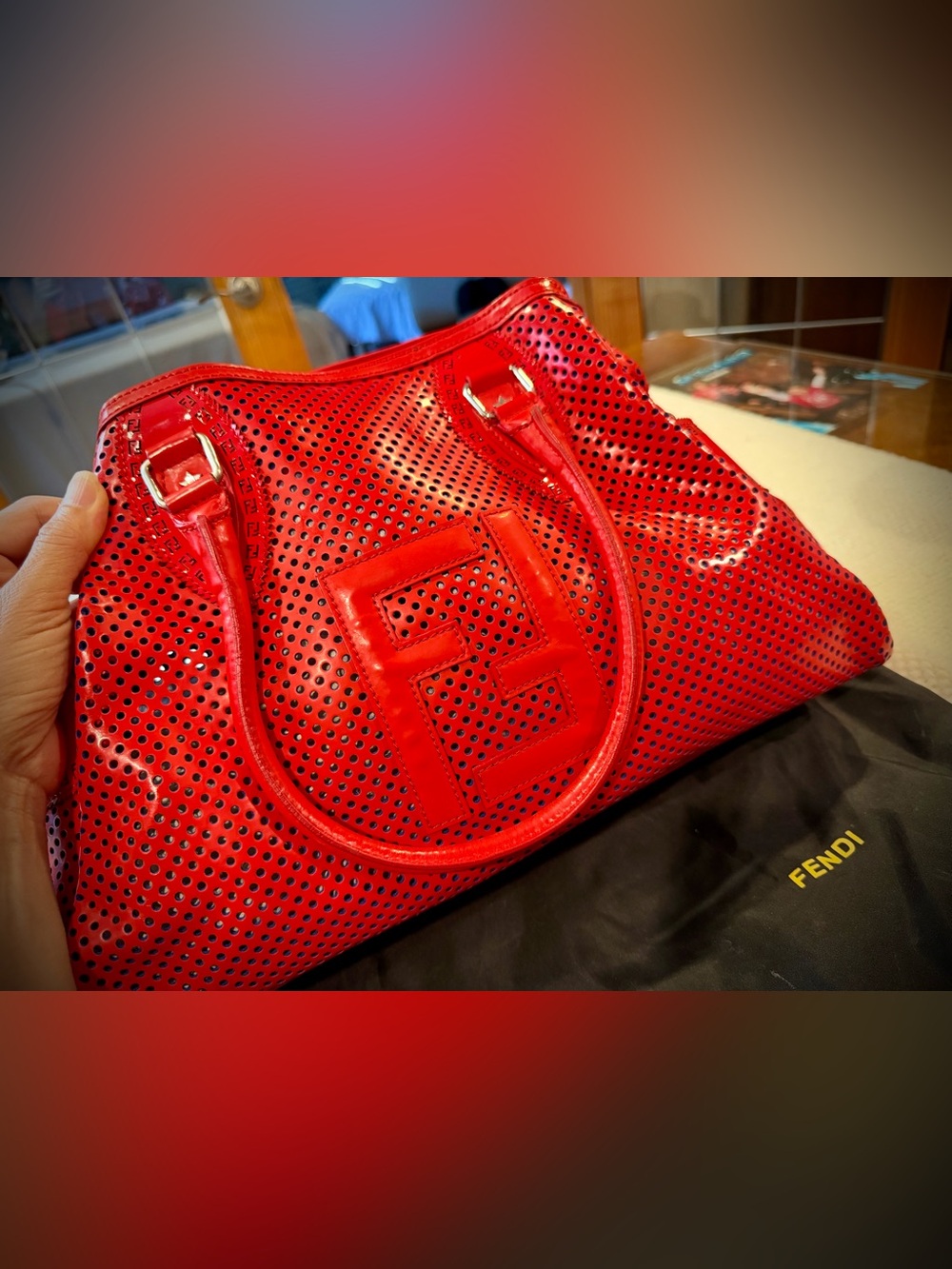 Fendi Red Perforated Leather Tote Bag with Logo